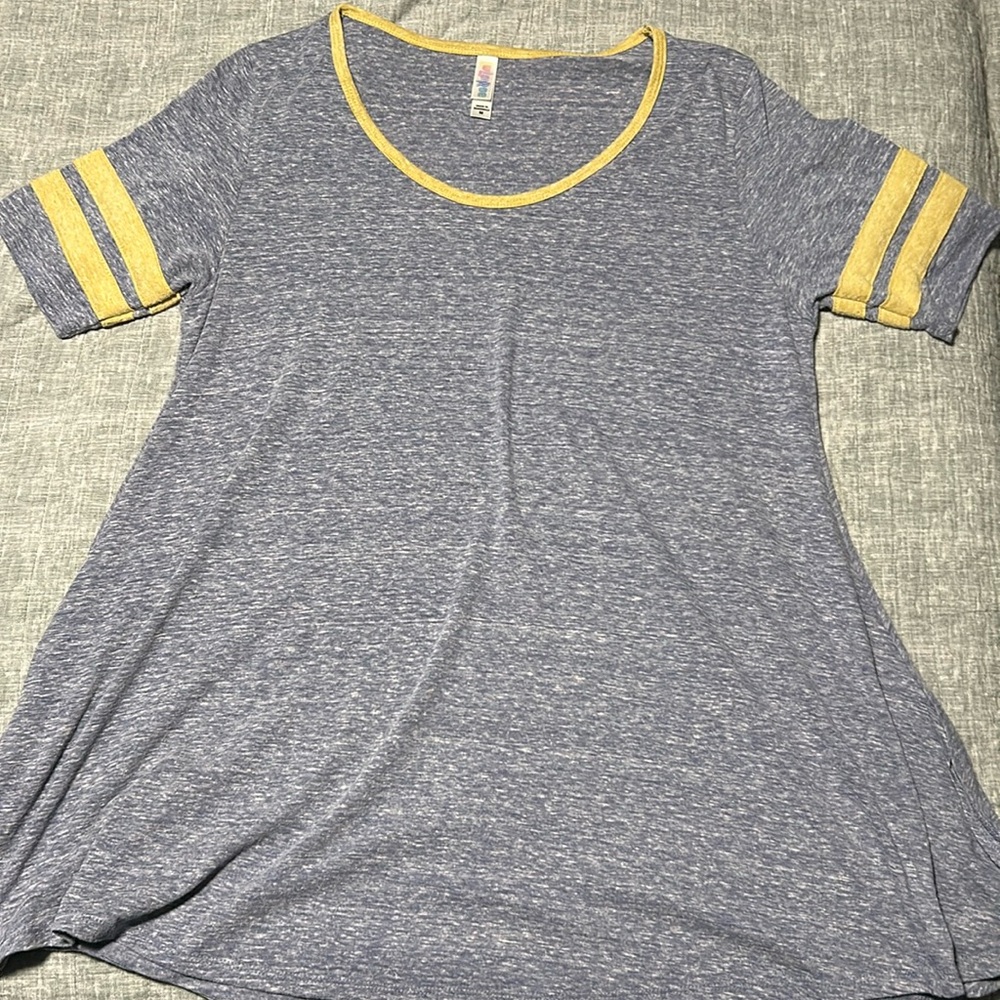 LuLaRoe Classic T Heather blue with mustard stripes Size M